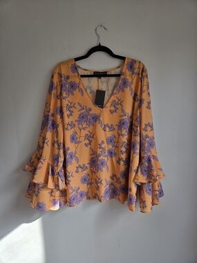 Eloquii Floral V-Neck Bell Sleeve Top Womens Sz 22